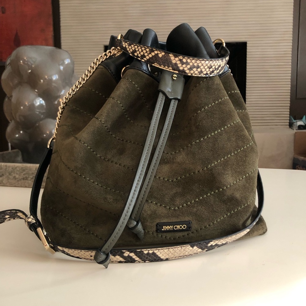 Jimmy Choo Olive Suede Drawstring Bucket Bag with python Strap